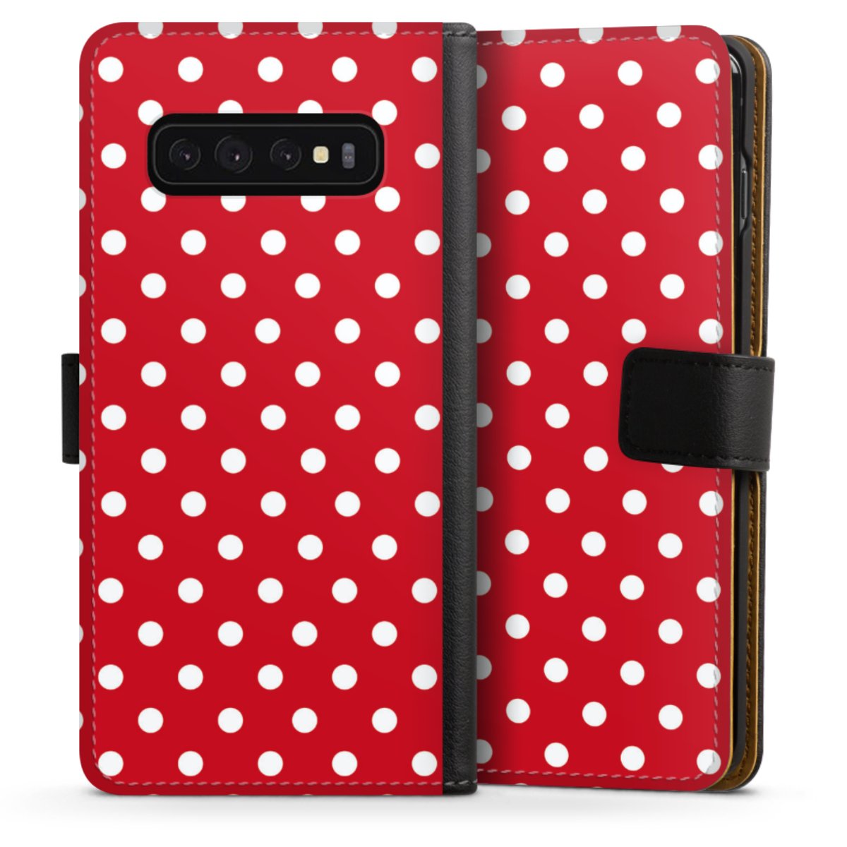 Galaxy S10 Handy Klapphülle Handyhülle aus Kunst Leder schwarz Flip Case Points Polka Dots Retro Sideflip mit Lasche