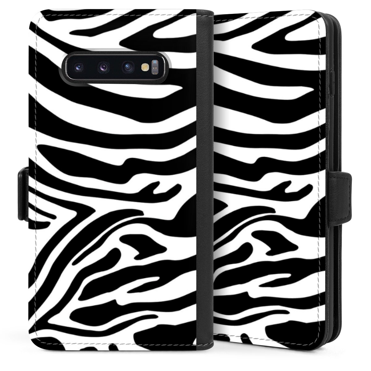 Galaxy S10 Handy Klapphülle Handyhülle aus Kunst Leder schwarz Flip Case Zebra Animal Look Animal Print Sideflip mit Lasche