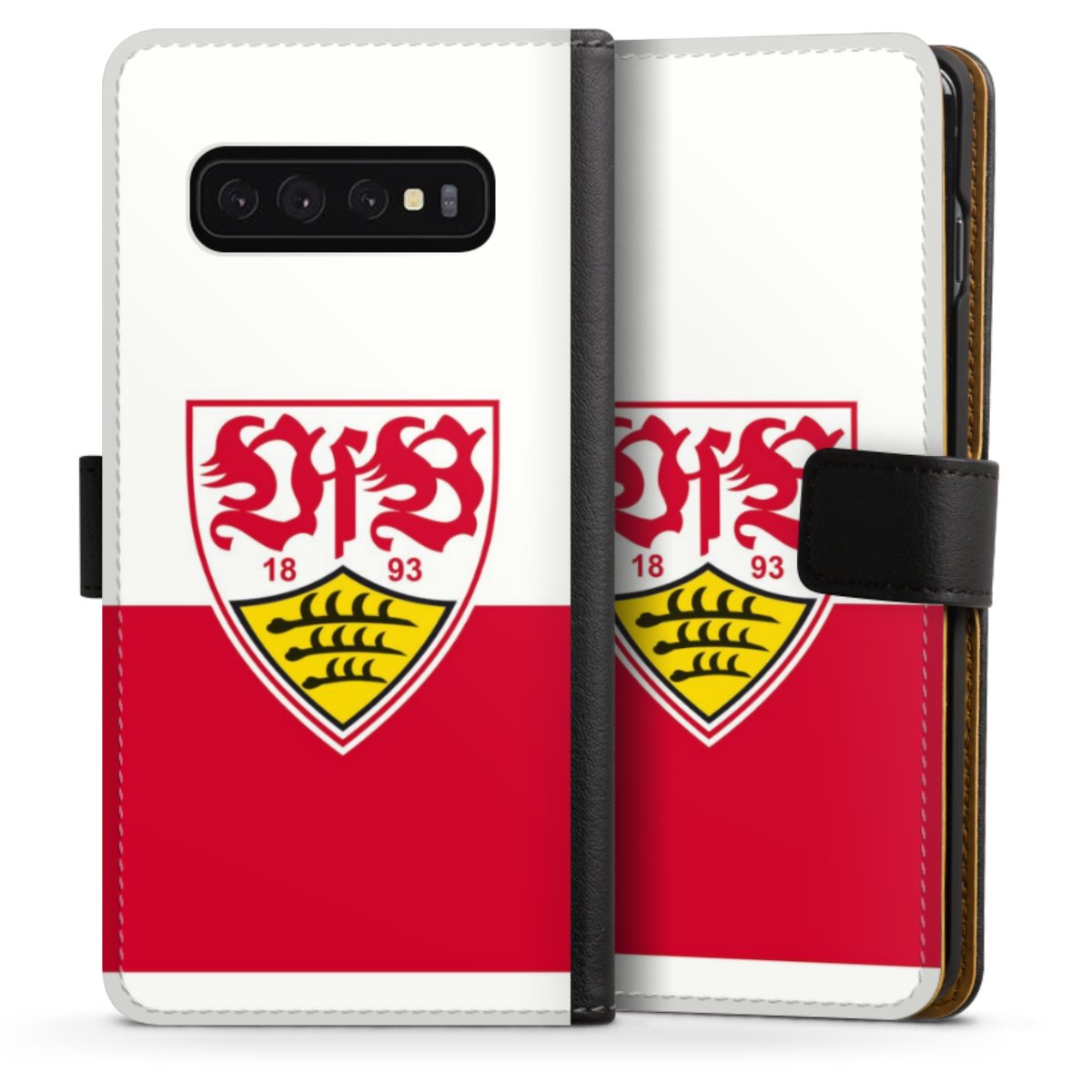 Galaxy S10 Handy Klapphülle Handyhülle aus Kunst Leder schwarz Flip Case Official Licensed Product Logo Vfb Stuttgart Sideflip mit Lasche