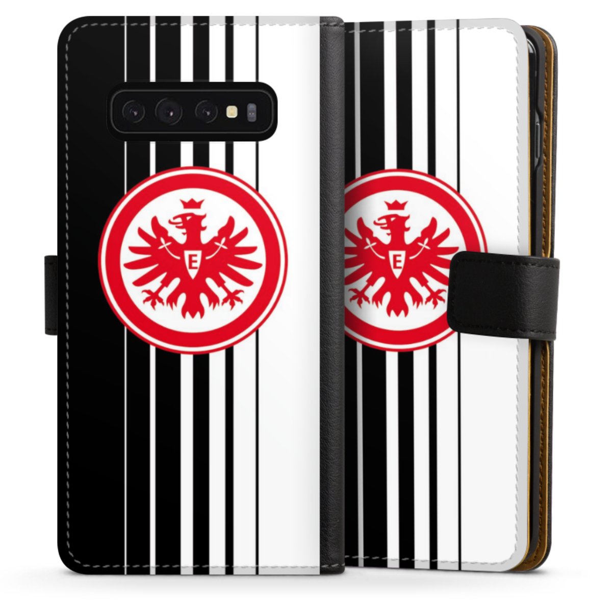 Galaxy S10 Handy Klapphülle Handyhülle aus Kunst Leder schwarz Flip Case Stripes Eintracht Frankfurt Official Licensed Product Sideflip mit Lasche