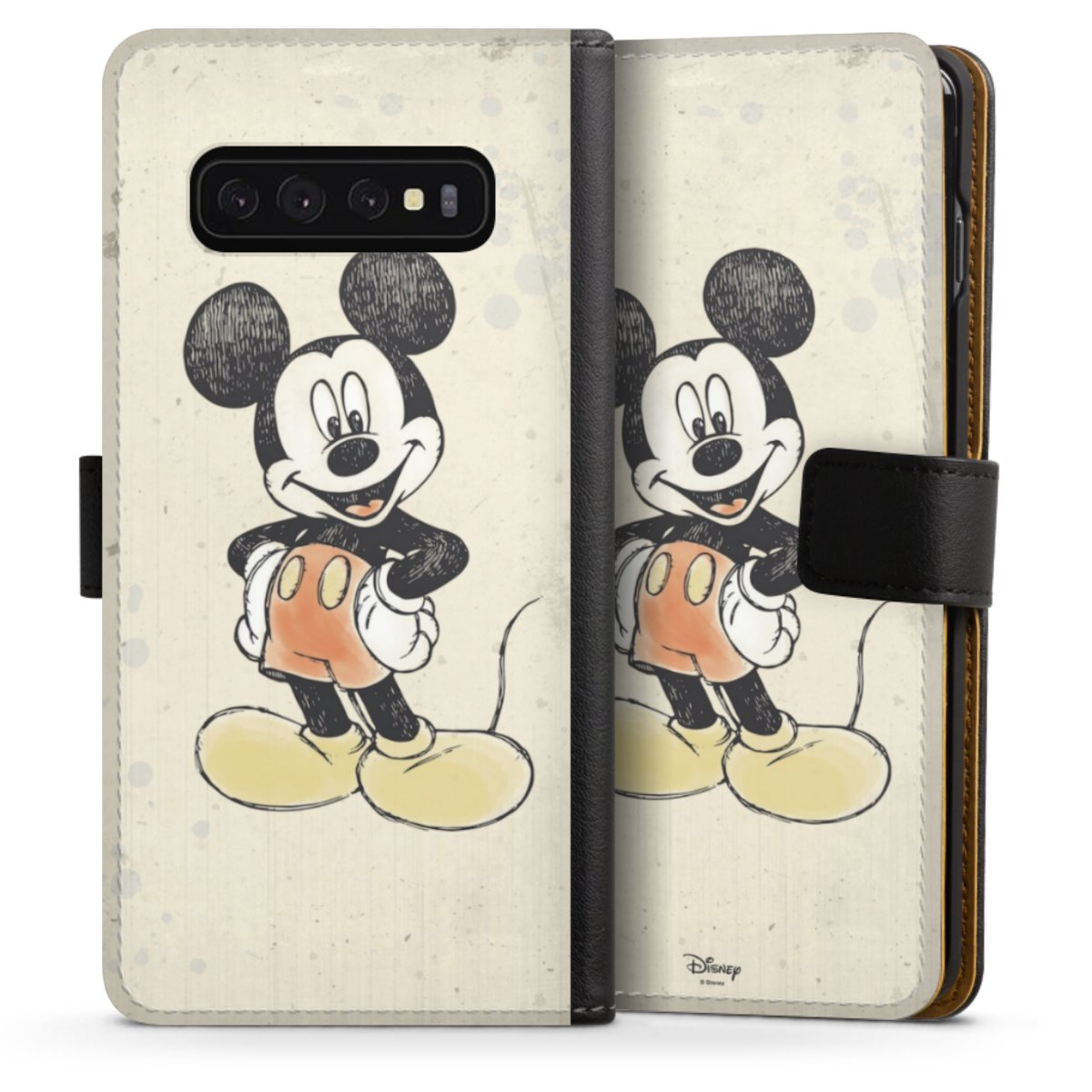 Galaxy S10 Handy Klapphülle Handyhülle aus Kunst Leder schwarz Flip Case Water Colour Mickey & Minnie Mouse Official Licensed Product Sideflip mit Lasche