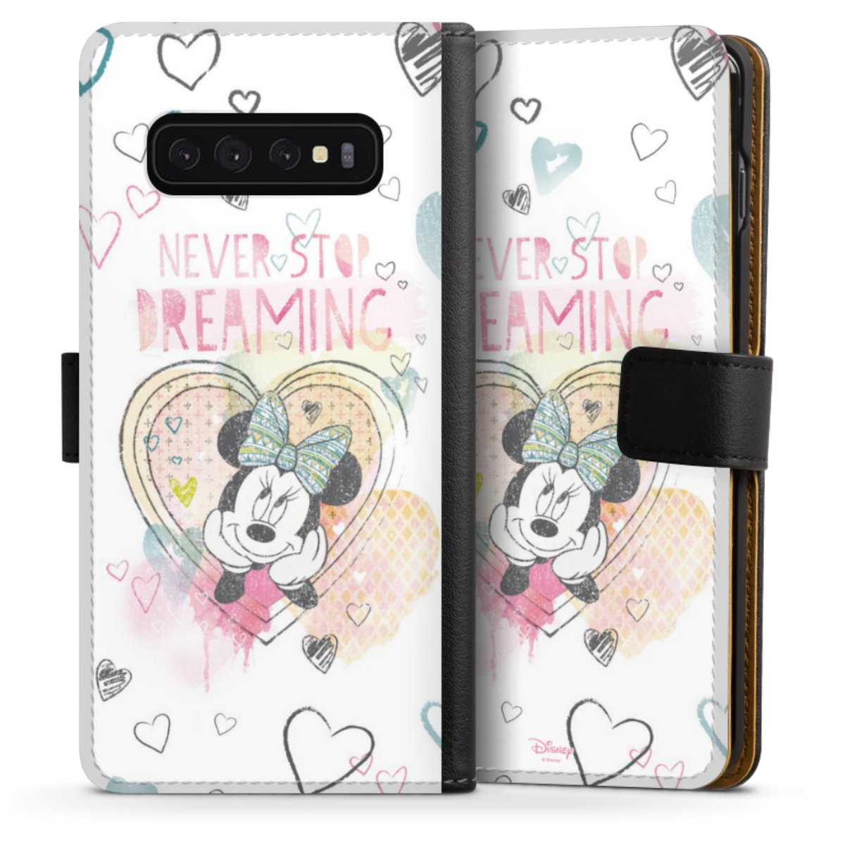 Galaxy S10 Handy Klapphülle Handyhülle aus Kunst Leder schwarz Flip Case Disney Official Licensed Product Minnie Mouse Sideflip mit Lasche