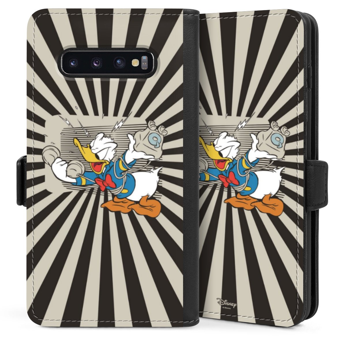 Galaxy S10 Handy Klapphülle Handyhülle aus Kunst Leder schwarz Flip Case Donald Duck Disney Official Licensed Product Sideflip mit Lasche