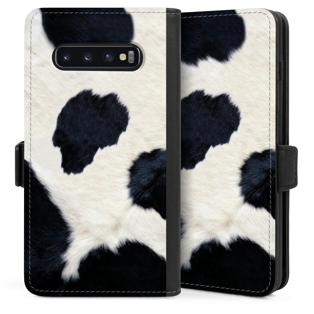 Galaxy S10 Handy Klapphülle Handyhülle aus Kunst Leder schwarz Flip Case Animal Look Animal Print Cow Skin Sideflip mit Lasche