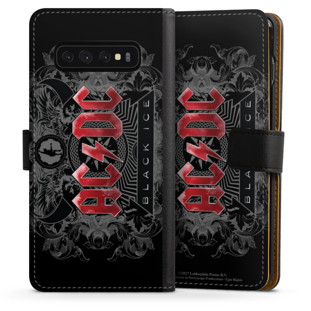 Galaxy S10 Handy Klapphülle Handyhülle aus Kunst Leder schwarz Flip Case Merchandise Black Ice Acdc Sideflip mit Lasche