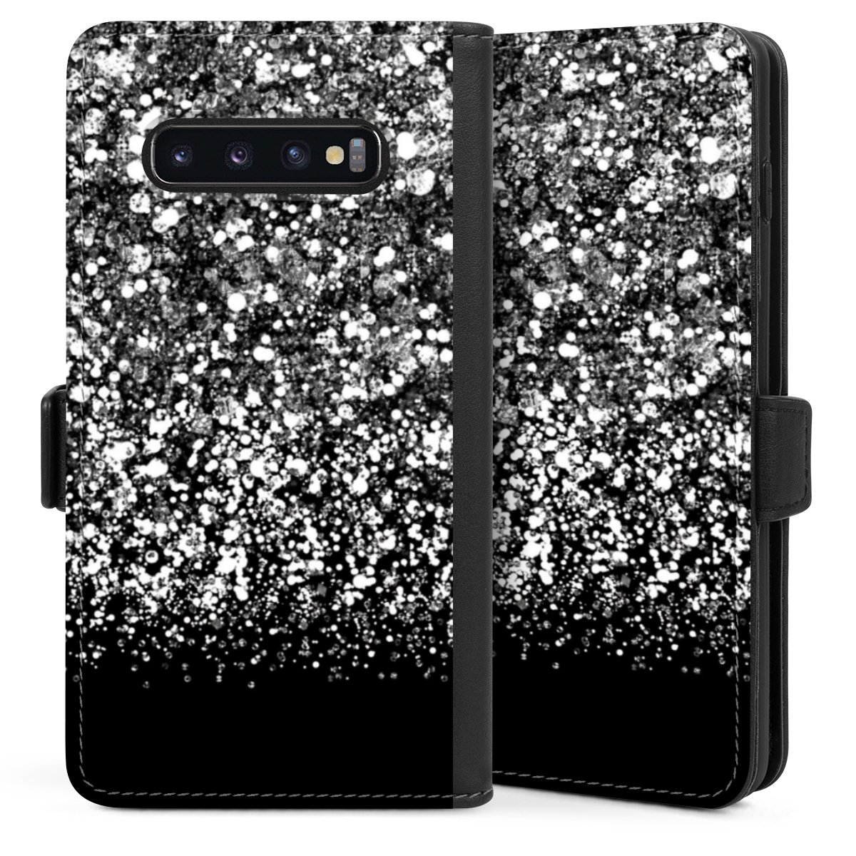 Galaxy S10 Handy Klapphülle Handyhülle aus Kunst Leder schwarz Flip Case Glitzer Snowflake Muster Sideflip mit Lasche