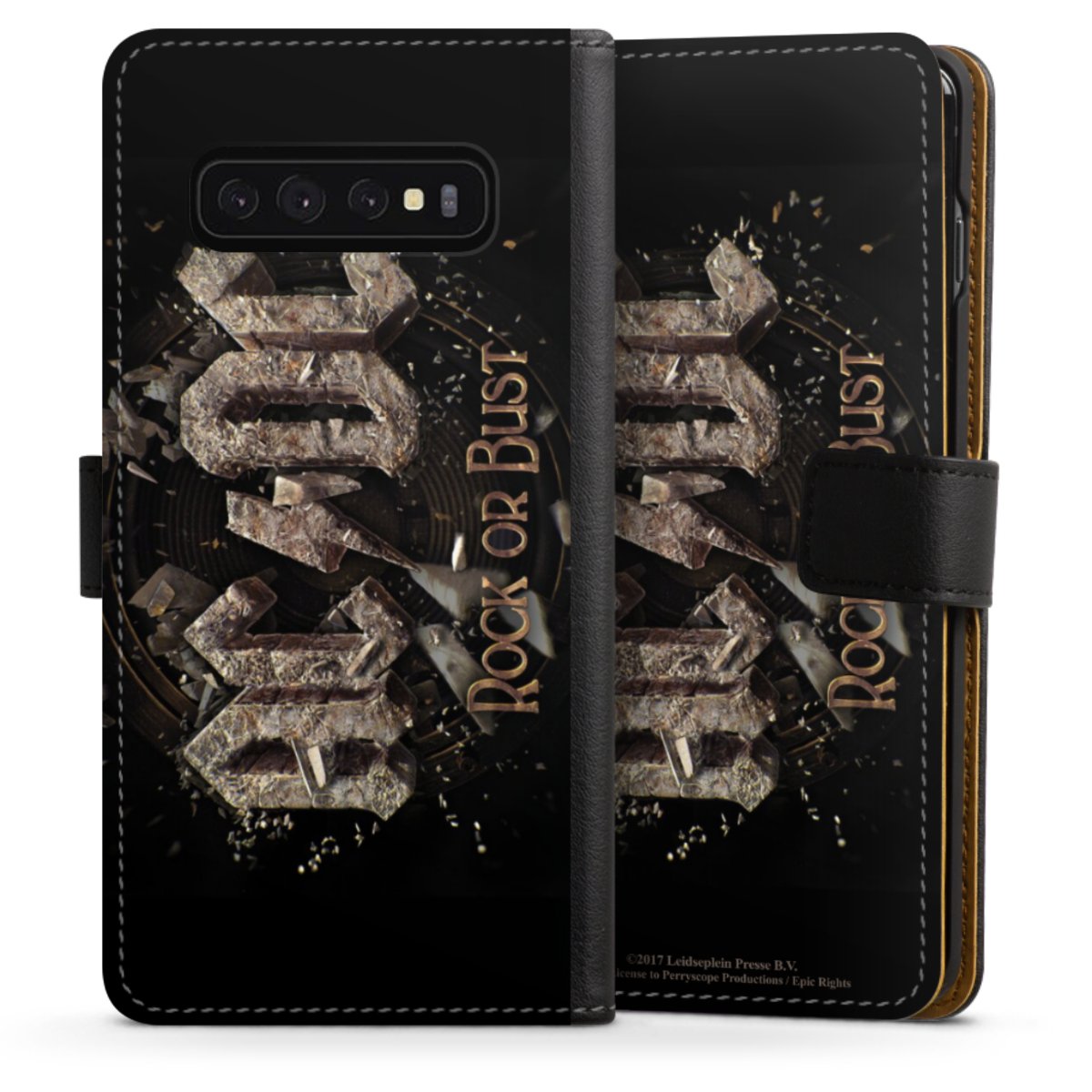 Galaxy S10 Handy Klapphülle Handyhülle aus Kunst Leder schwarz Flip Case Acdc Official Licensed Product Rock Or Bust Sideflip mit Lasche