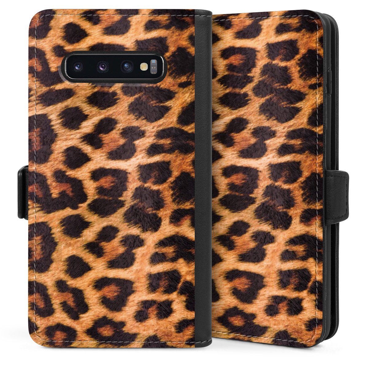 Galaxy S10 Handy Klapphülle Handyhülle aus Kunst Leder schwarz Flip Case Animal Print Leopard Fur Sideflip mit Lasche