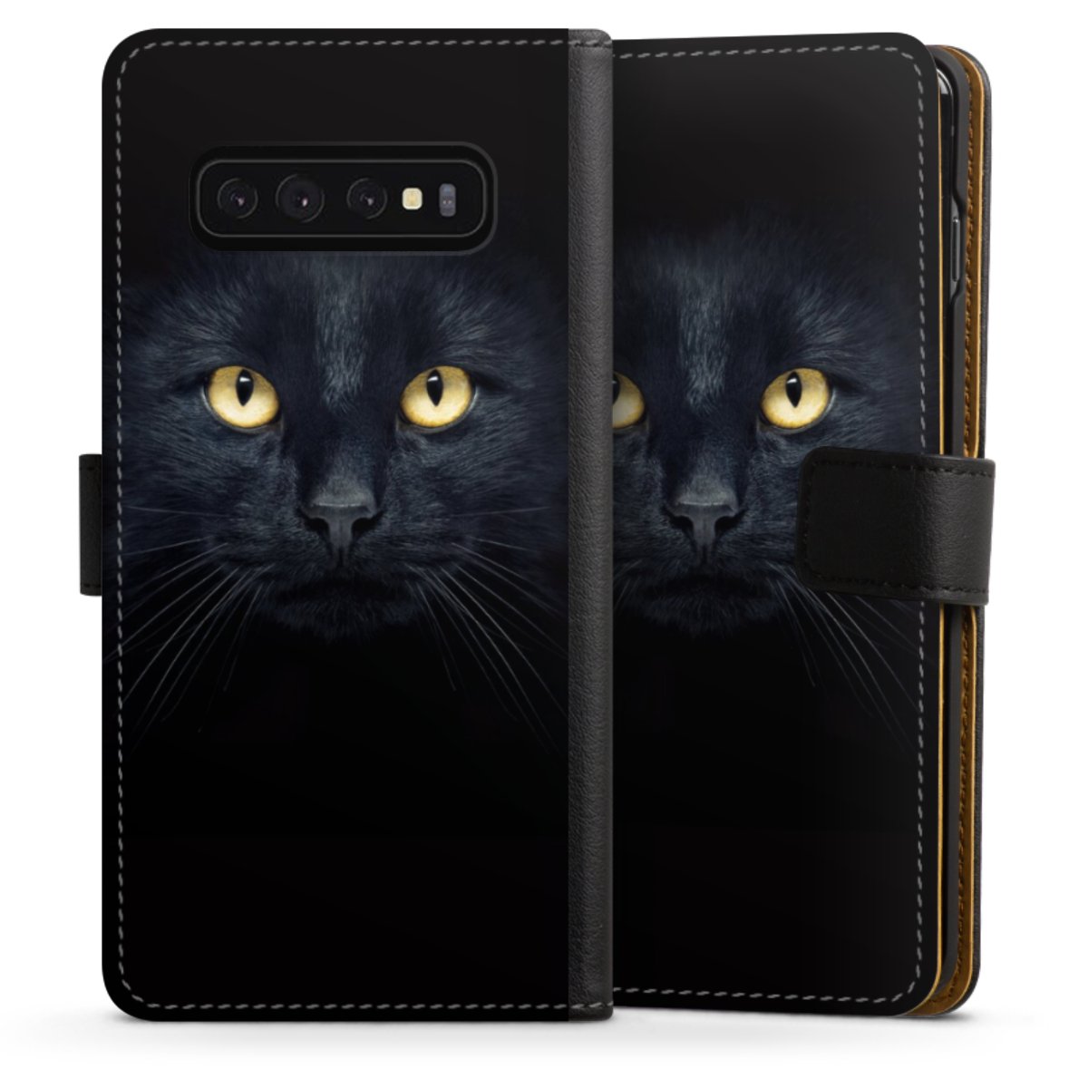 Galaxy S10 Handy Klapphülle Handyhülle aus Kunst Leder schwarz Flip Case Eye Cat Black Sideflip mit Lasche