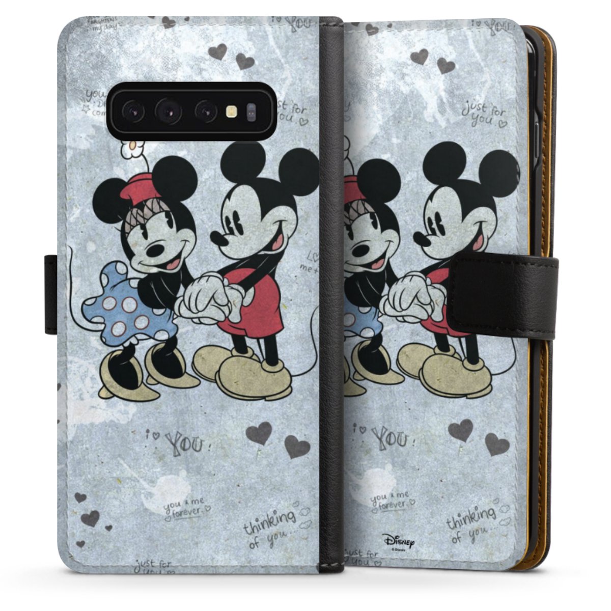 Galaxy S10 Handy Klapphülle Handyhülle aus Kunst Leder schwarz Flip Case Mickey & Minnie Mouse Vintage Disney Sideflip mit Lasche