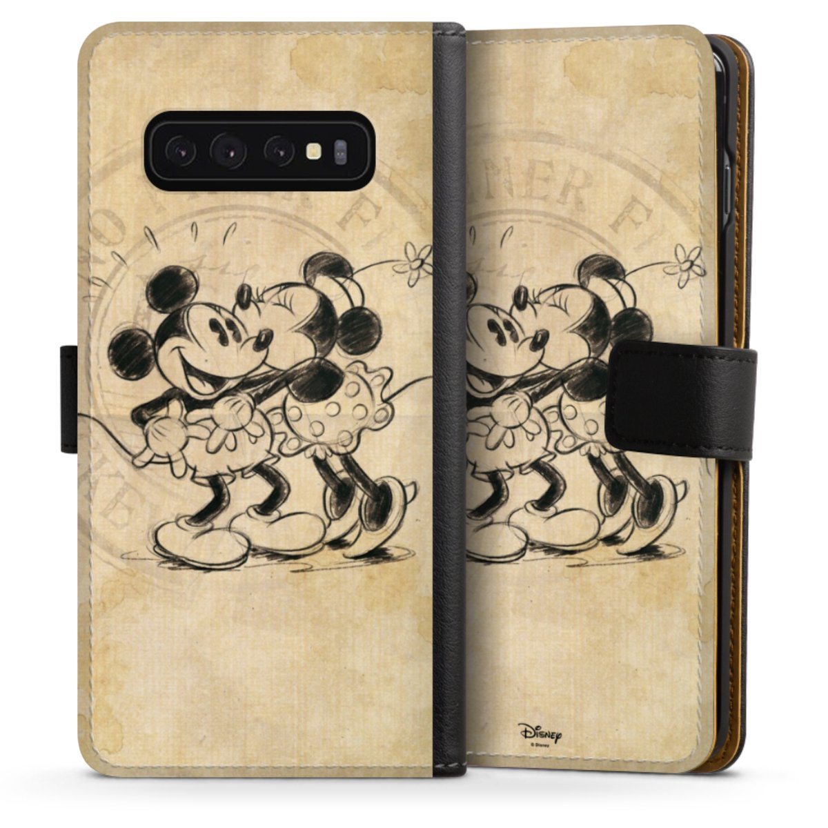 Galaxy S10 Handy Klapphülle Handyhülle aus Kunst Leder schwarz Flip Case Mickey Mouse Vintage Minnie Mouse Sideflip mit Lasche