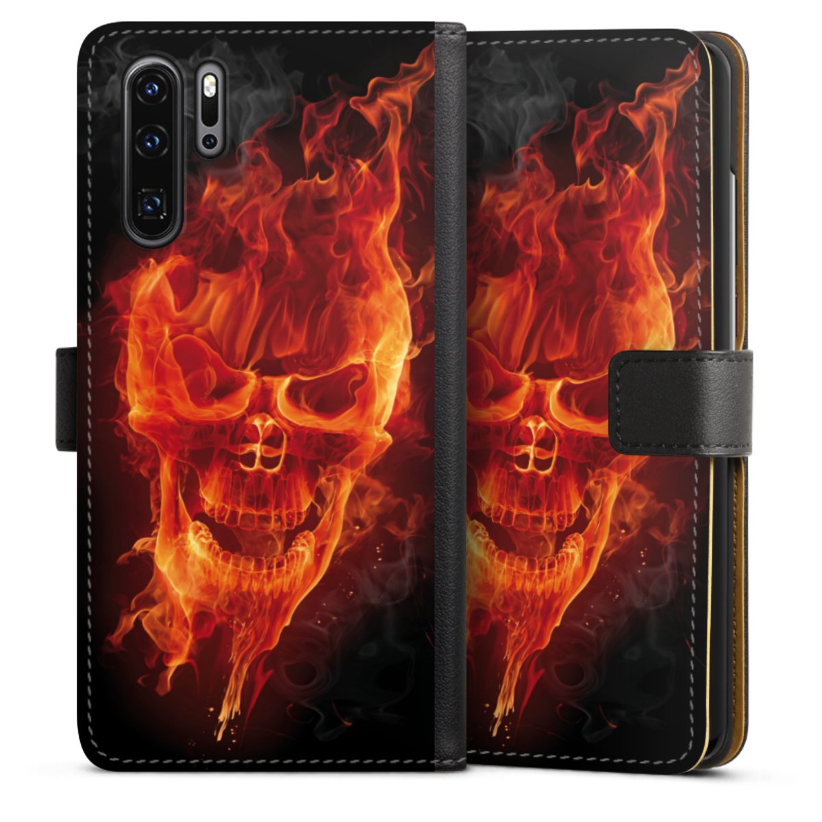 Huawei P30 Pro Handy Klapphülle Handyhülle aus Kunst Leder schwarz Flip Case Totenkopf Skull Fire Sideflip mit Lasche