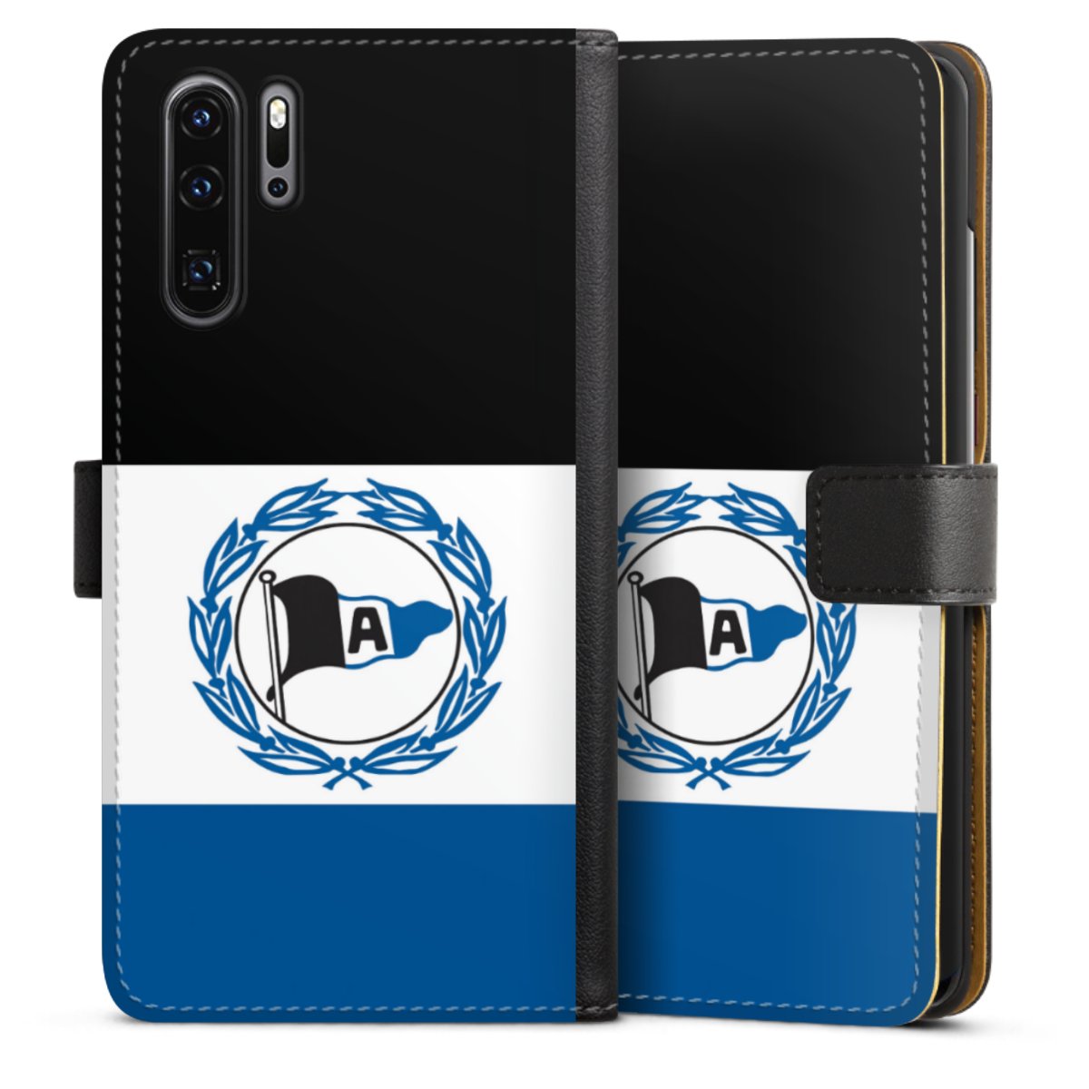 Huawei P30 Pro Handy Klapphülle Handyhülle aus Kunst Leder schwarz Flip Case Arminen Official Licensed Product Arminia Bielefeld Sideflip mit Lasche