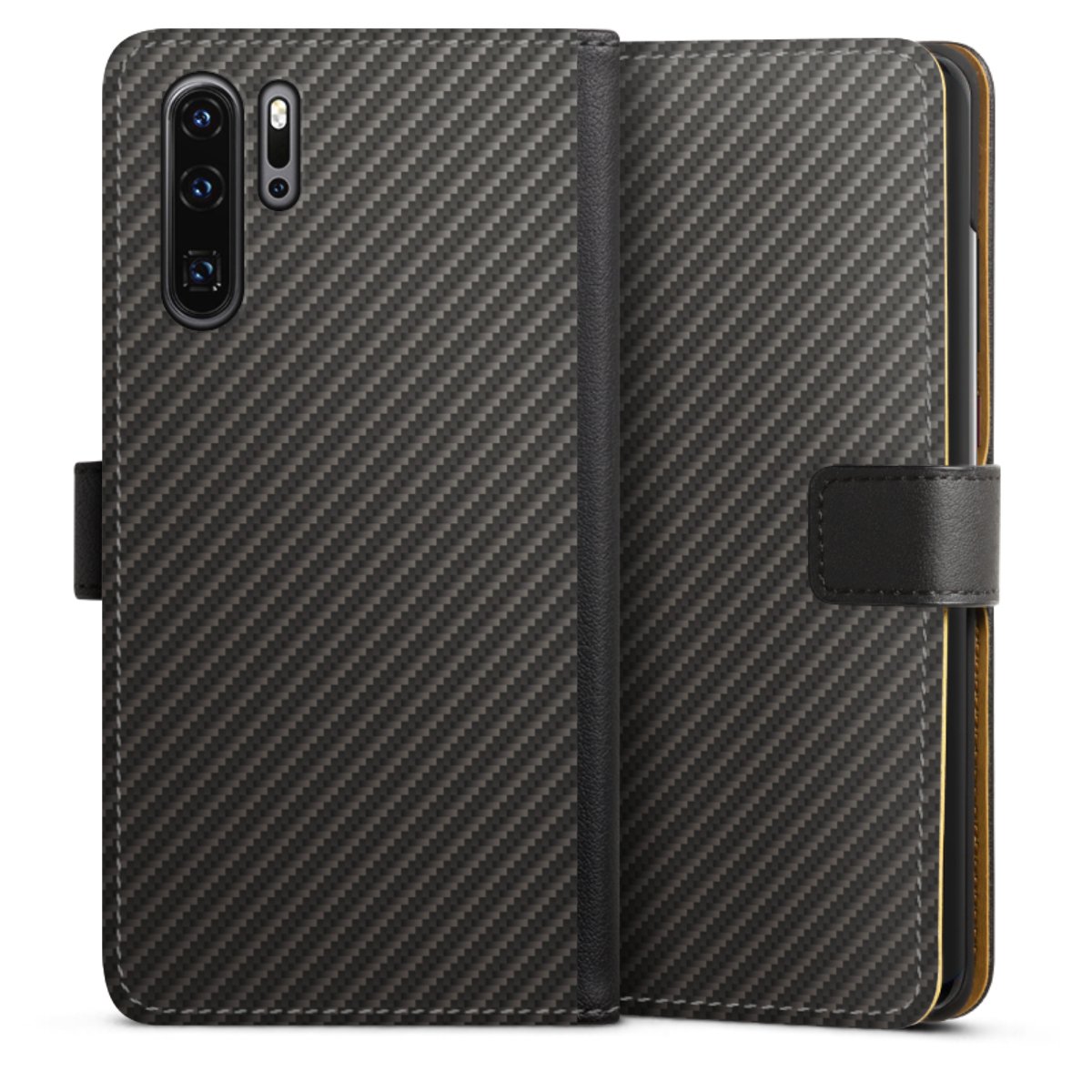 Huawei P30 Pro Handy Klapphülle Handyhülle aus Kunst Leder schwarz Flip Case Metallic Look Carbon Muster Sideflip mit Lasche