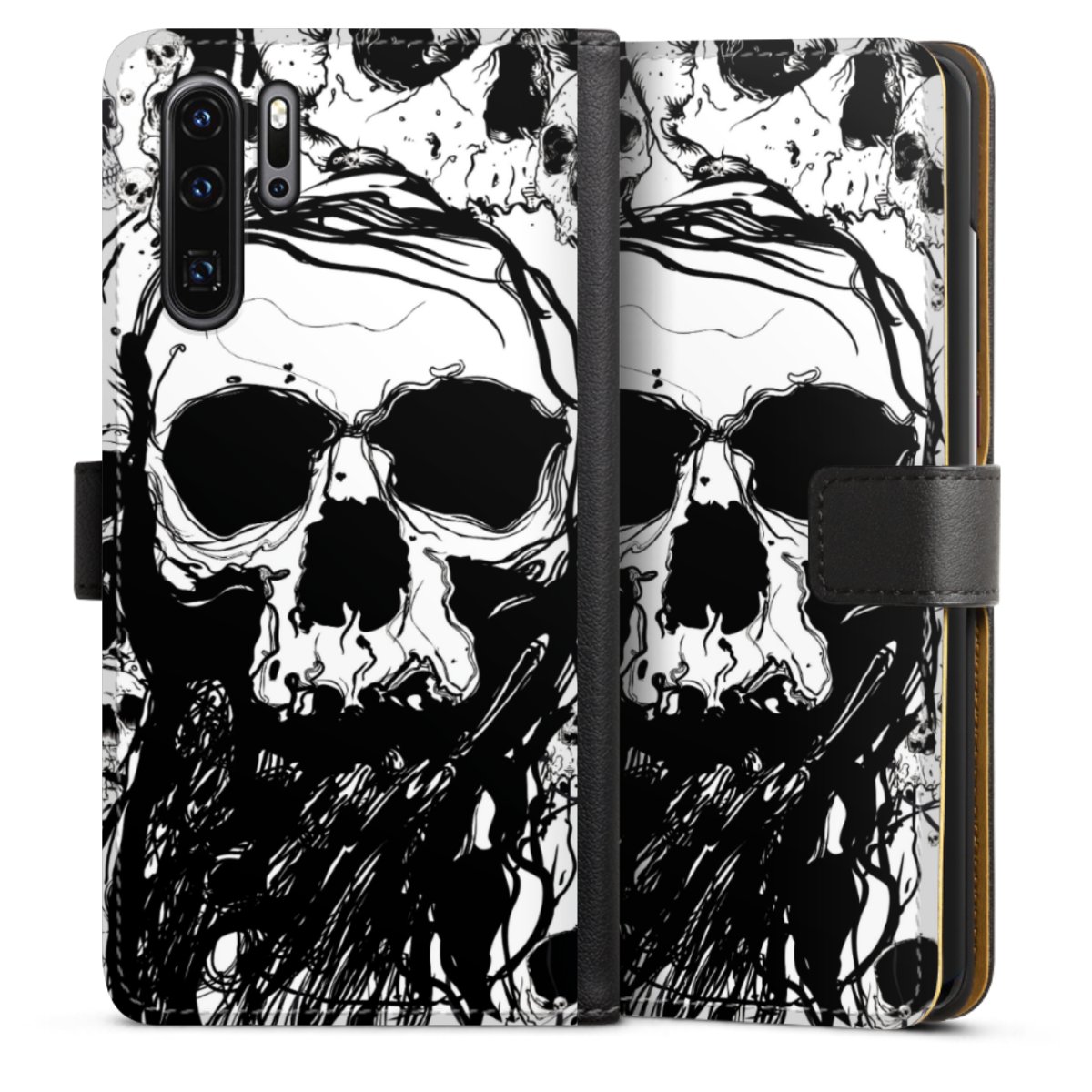 Huawei P30 Pro Handy Klapphülle Handyhülle aus Kunst Leder schwarz Flip Case Totenkopf Halloween Sideflip mit Lasche