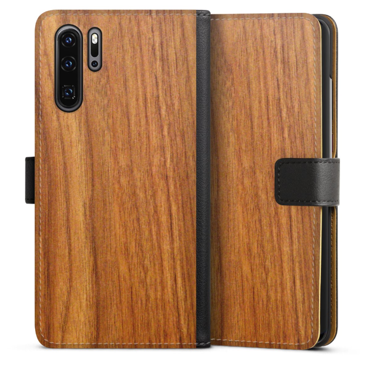 Huawei P30 Pro Handy Klapphülle Handyhülle aus Kunst Leder schwarz Flip Case Wood Larch Wooden Look Sideflip mit Lasche