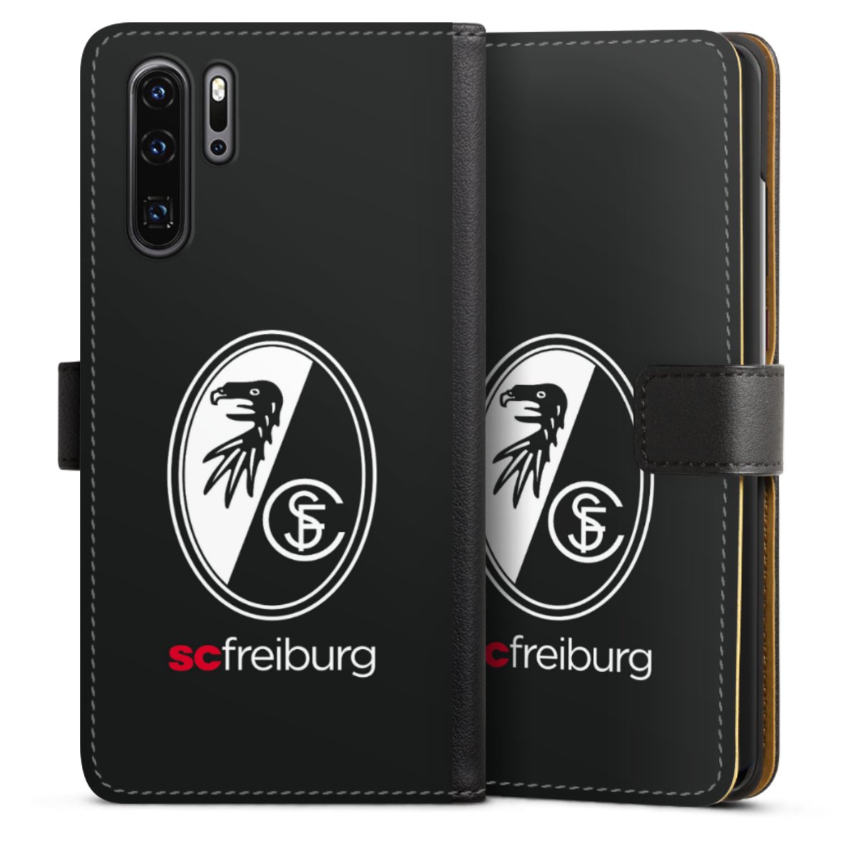 Huawei P30 Pro Handy Klapphülle Handyhülle aus Kunst Leder schwarz Flip Case Official Licensed Product Sc Freiburg Coat Of Arms Sideflip mit Lasche