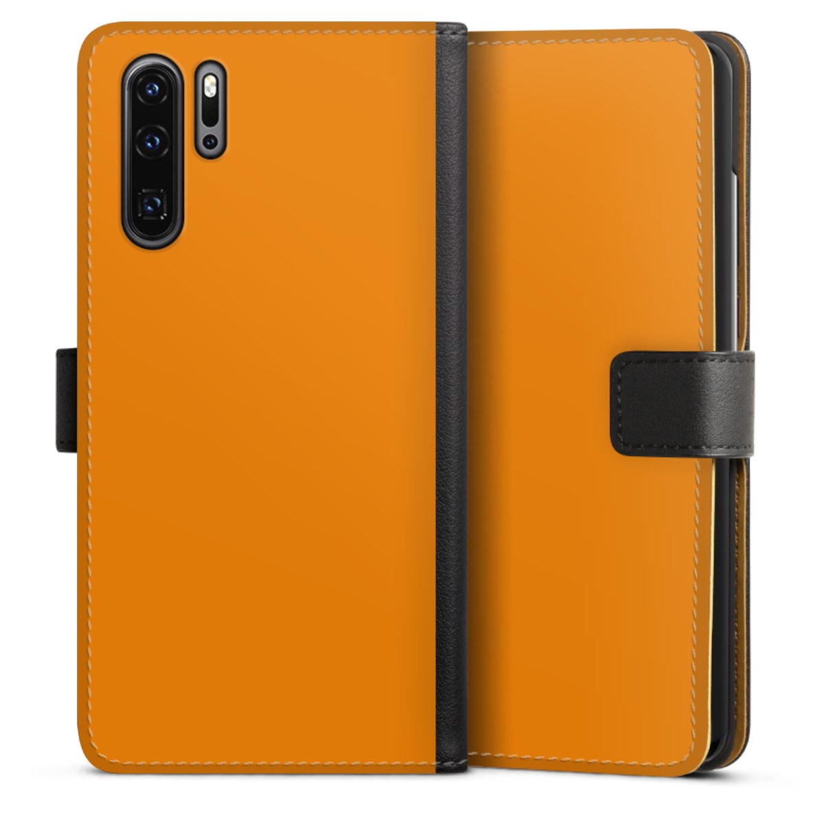 Huawei P30 Pro Handy Klapphülle Handyhülle aus Kunst Leder schwarz Flip Case Unicoloured Colour Orange Sideflip mit Lasche