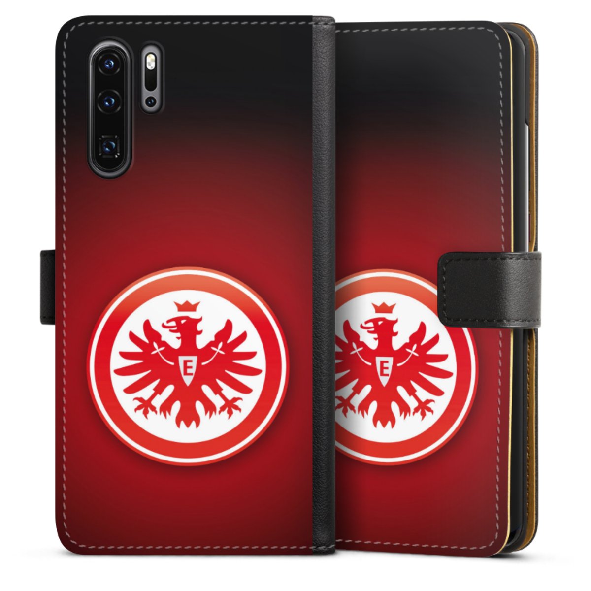 Huawei P30 Pro Handy Klapphülle Handyhülle aus Kunst Leder schwarz Flip Case Eintracht Frankfurt Official Licensed Product Coat Of Arms Sideflip mit Lasche