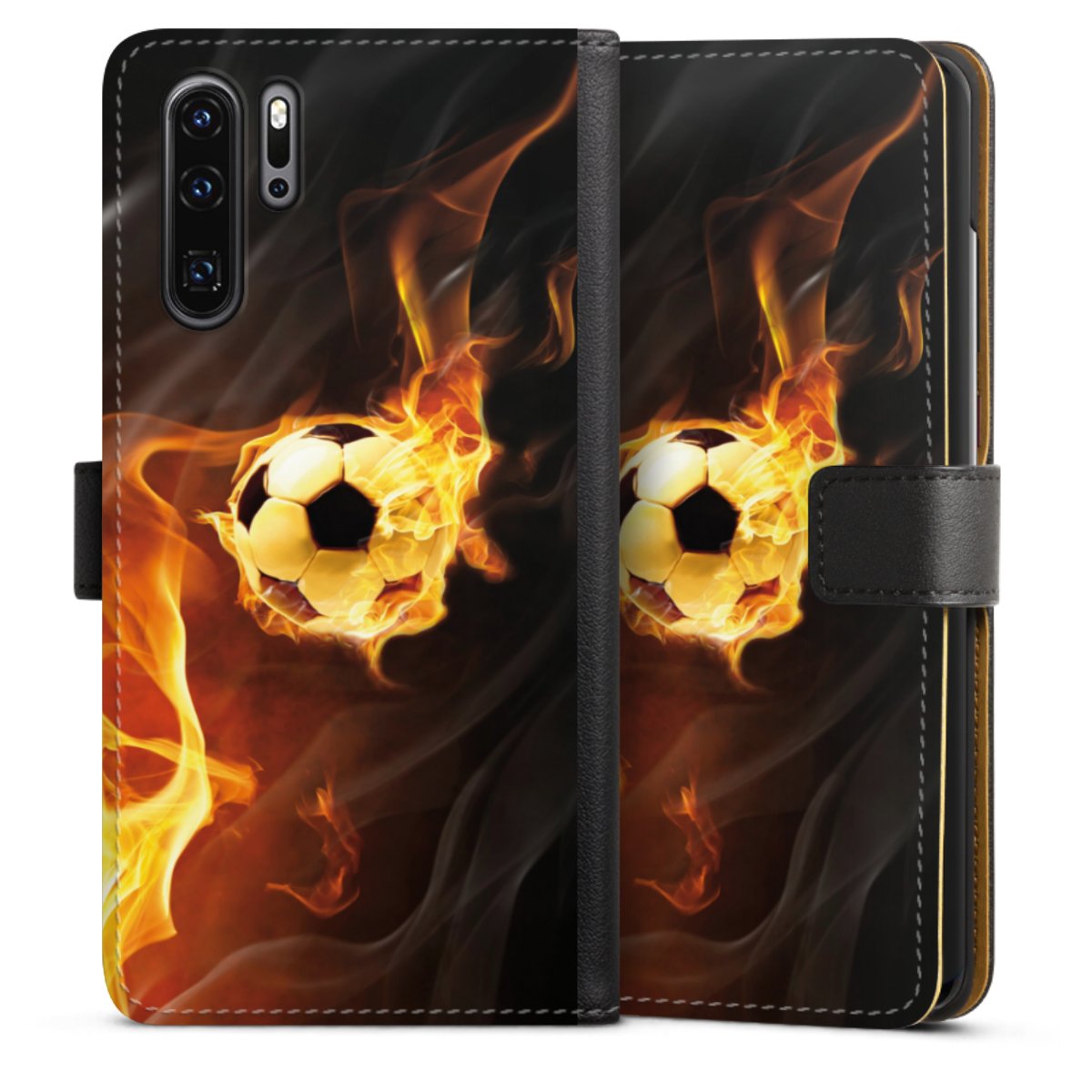 Huawei P30 Pro Handy Klapphülle Handyhülle aus Kunst Leder schwarz Flip Case Ball Fire Soccer Sideflip mit Lasche