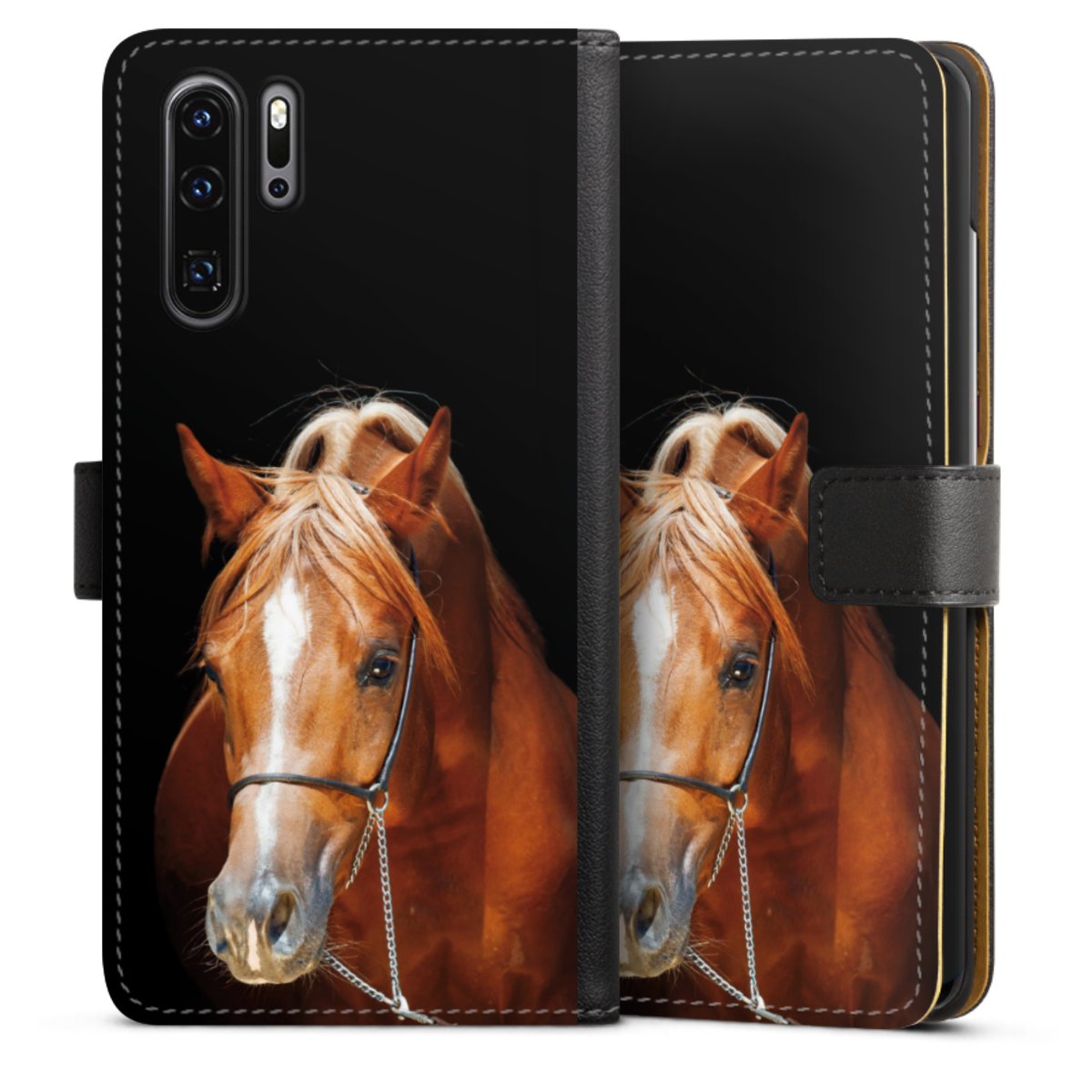 Huawei P30 Pro Handy Klapphülle Handyhülle aus Kunst Leder schwarz Flip Case Mare Horse Hobby Sideflip mit Lasche