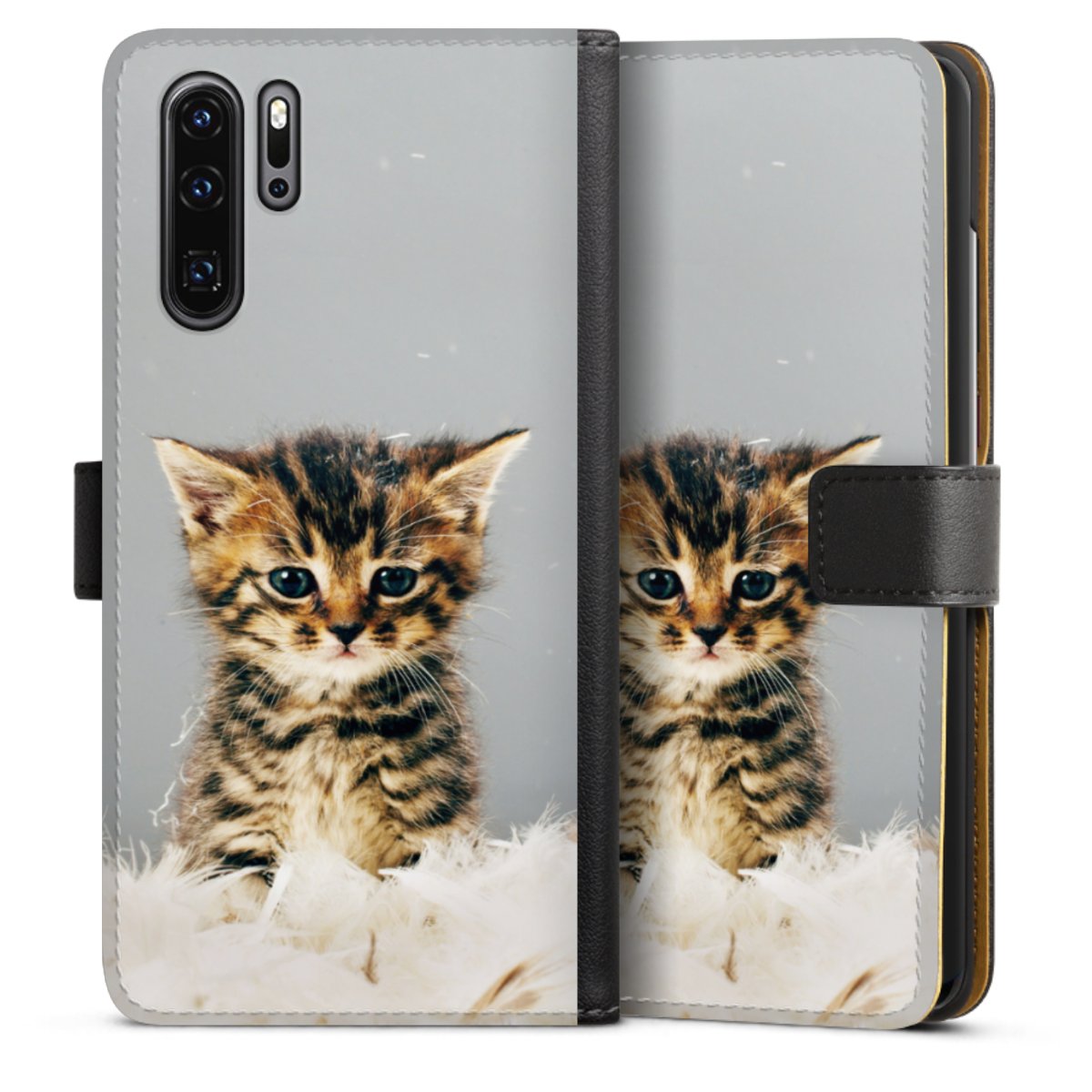 Huawei P30 Pro Handy Klapphülle Handyhülle aus Kunst Leder schwarz Flip Case Cat Feather Pet Sideflip mit Lasche