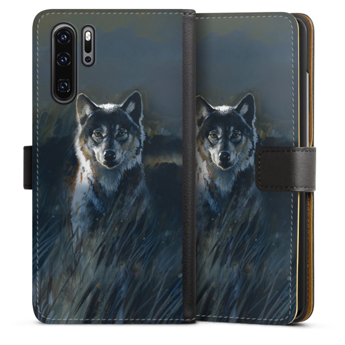 Huawei P30 Pro Handy Klapphülle Handyhülle aus Kunst Leder schwarz Flip Case Nature Wolf Painting Sideflip mit Lasche