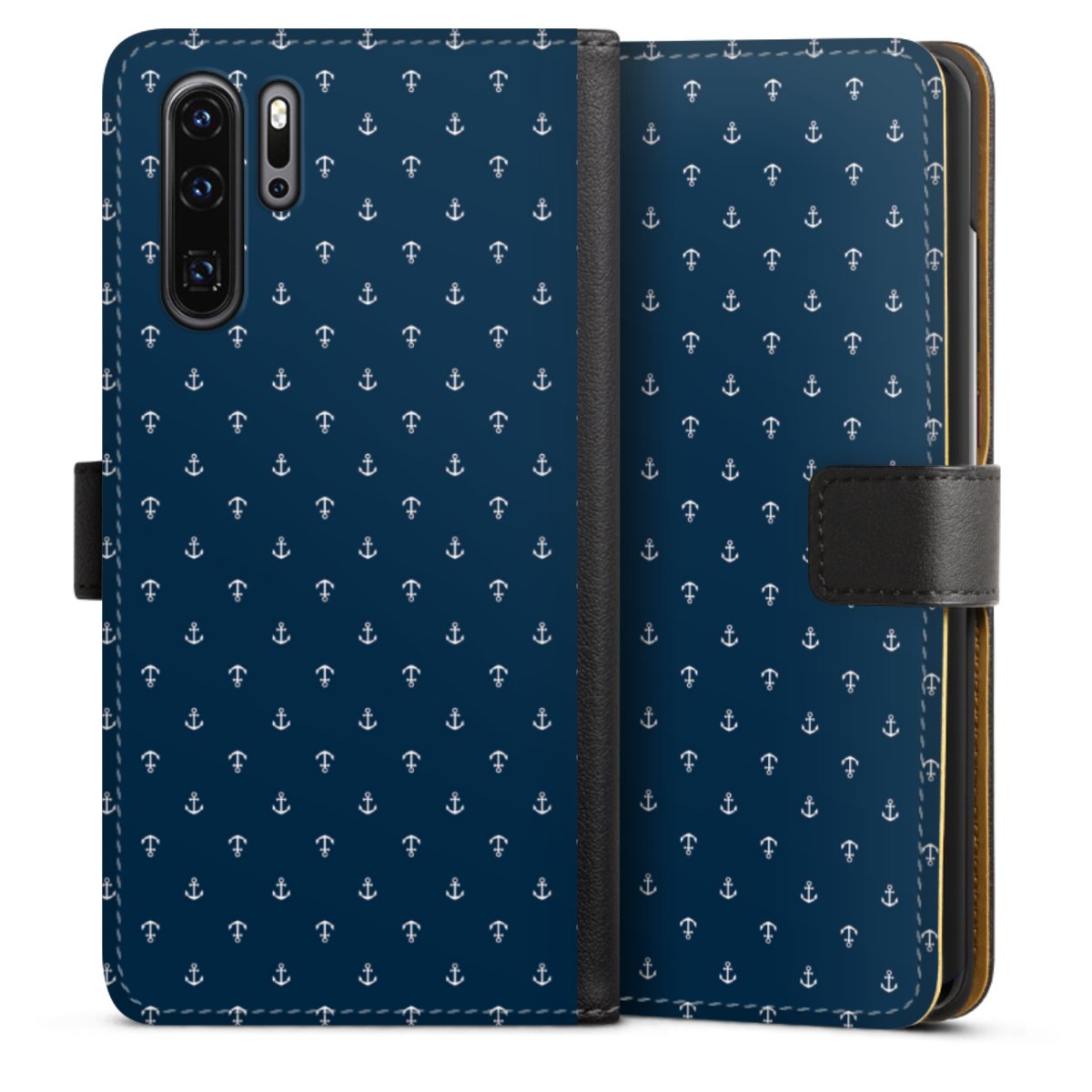 Huawei P30 Pro Handy Klapphülle Handyhülle aus Kunst Leder schwarz Flip Case Muster Anchor Sail Sideflip mit Lasche