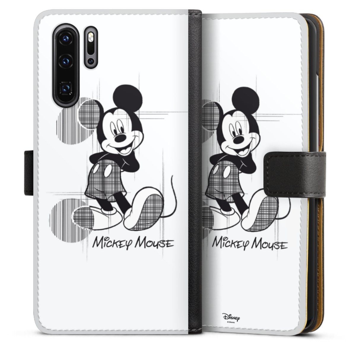 Huawei P30 Pro Handy Klapphülle Handyhülle aus Kunst Leder schwarz Flip Case Disney Official Licensed Product Mickey Mouse Sideflip mit Lasche