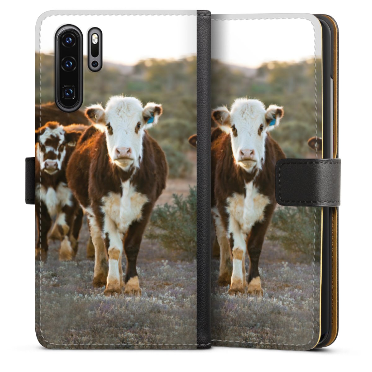 Huawei P30 Pro Handy Klapphülle Handyhülle aus Kunst Leder schwarz Flip Case Cow Farmer Calf Sideflip mit Lasche