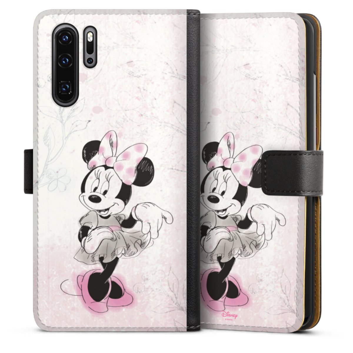 Huawei P30 Pro Handy Klapphülle Handyhülle aus Kunst Leder schwarz Flip Case Disney Minnie Mouse Vintage Sideflip mit Lasche