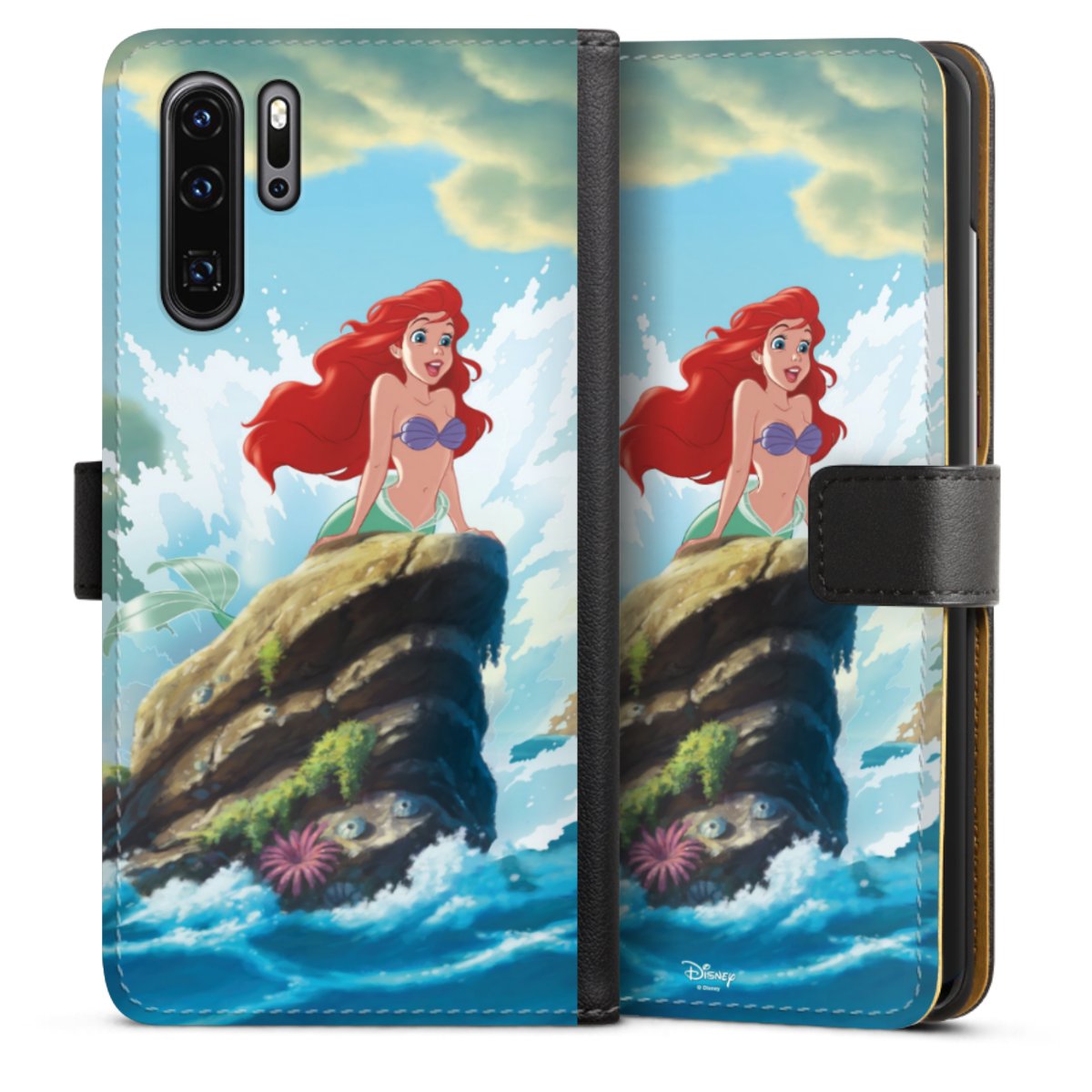 Huawei P30 Pro Handy Klapphülle Handyhülle aus Kunst Leder schwarz Flip Case Mermaid Arielle Die Meerjungfrau Official Licensed Product Sideflip mit Lasche