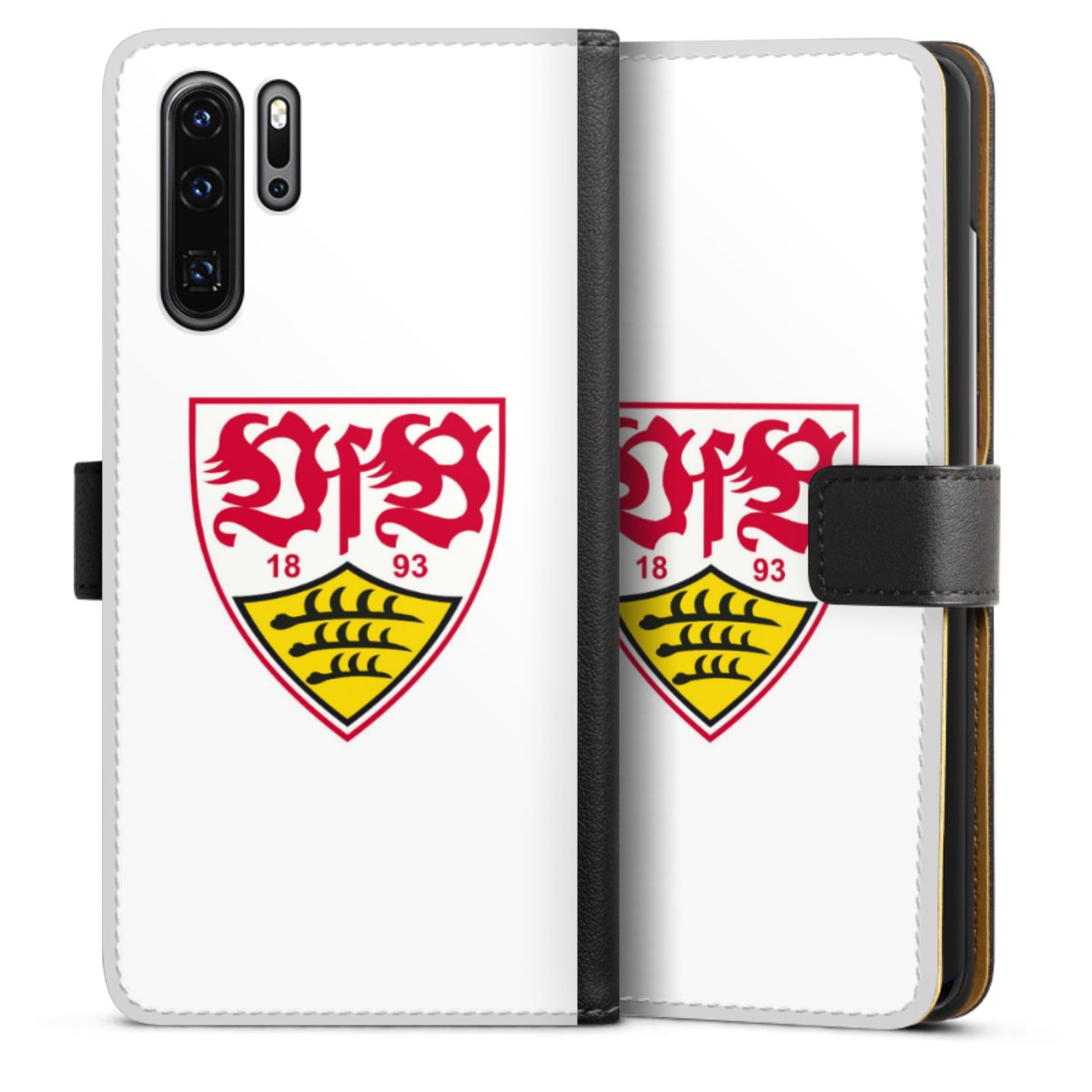 Huawei P30 Pro Handy Klapphülle Handyhülle aus Kunst Leder schwarz Flip Case Logo Official Licensed Product Vfb Stuttgart Sideflip mit Lasche