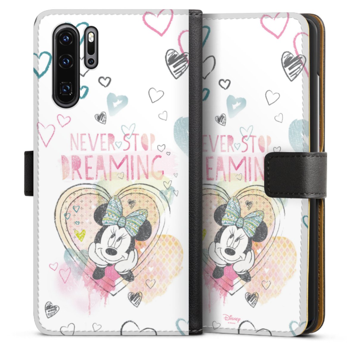 Huawei P30 Pro Handy Klapphülle Handyhülle aus Kunst Leder schwarz Flip Case Disney Official Licensed Product Minnie Mouse Sideflip mit Lasche