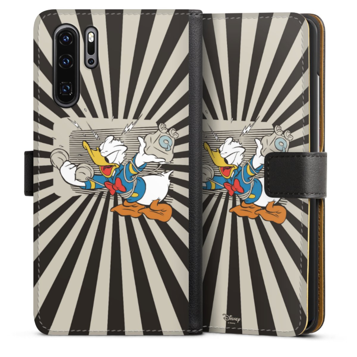 Huawei P30 Pro Handy Klapphülle Handyhülle aus Kunst Leder schwarz Flip Case Donald Duck Disney Official Licensed Product Sideflip mit Lasche