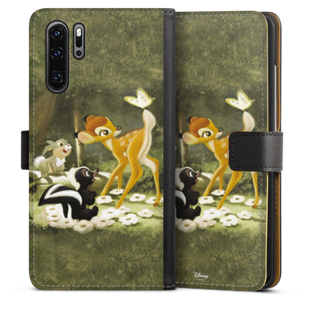 Huawei P30 Pro Handy Klapphülle Handyhülle aus Kunst Leder schwarz Flip Case Disney Official Licensed Product Bambi Sideflip mit Lasche