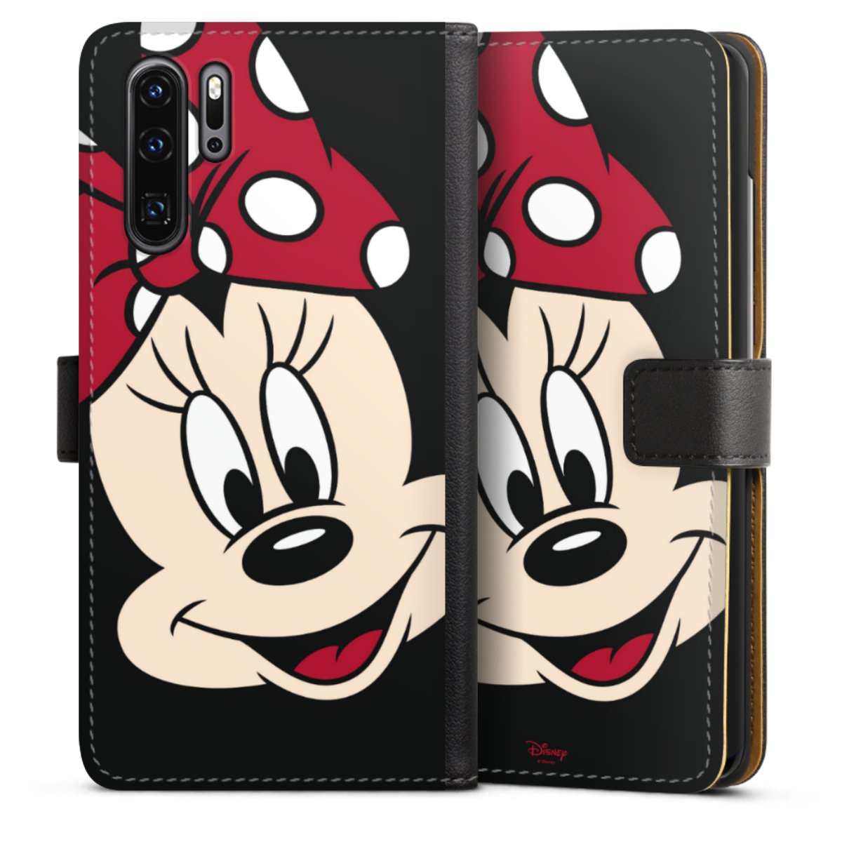 Huawei P30 Pro Handy Klapphülle Handyhülle aus Kunst Leder schwarz Flip Case Minnie Mouse Official Licensed Product Disney Sideflip mit Lasche