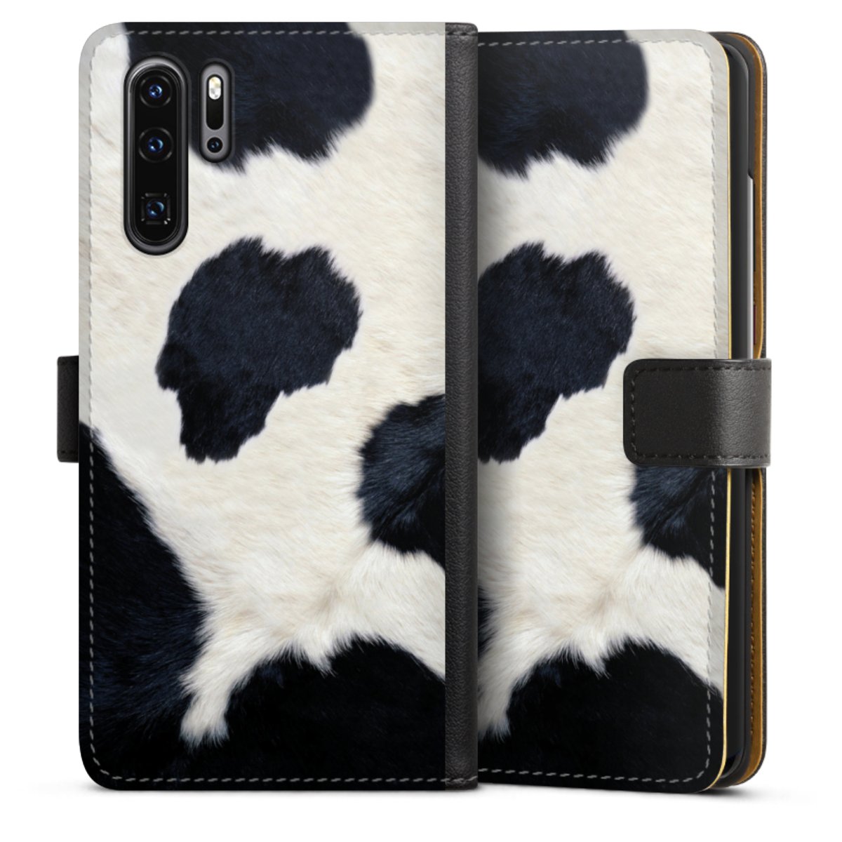 Huawei P30 Pro Handy Klapphülle Handyhülle aus Kunst Leder schwarz Flip Case Animal Look Animal Print Cow Skin Sideflip mit Lasche