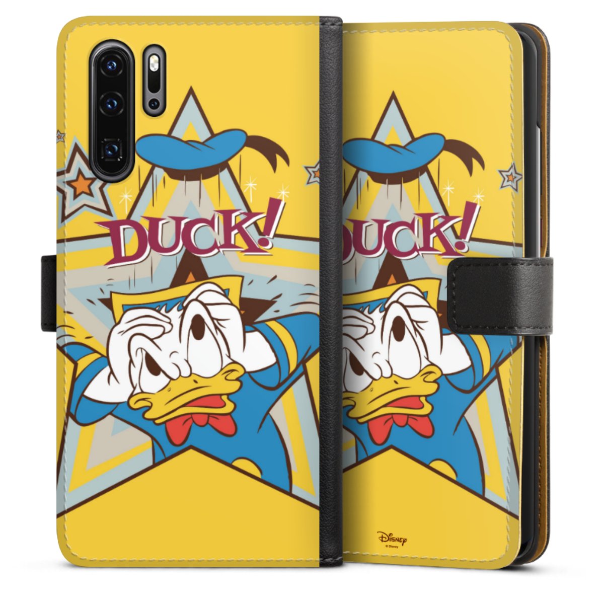 Huawei P30 Pro Handy Klapphülle Handyhülle aus Kunst Leder schwarz Flip Case Official Licensed Product Donald Duck Disney Sideflip mit Lasche