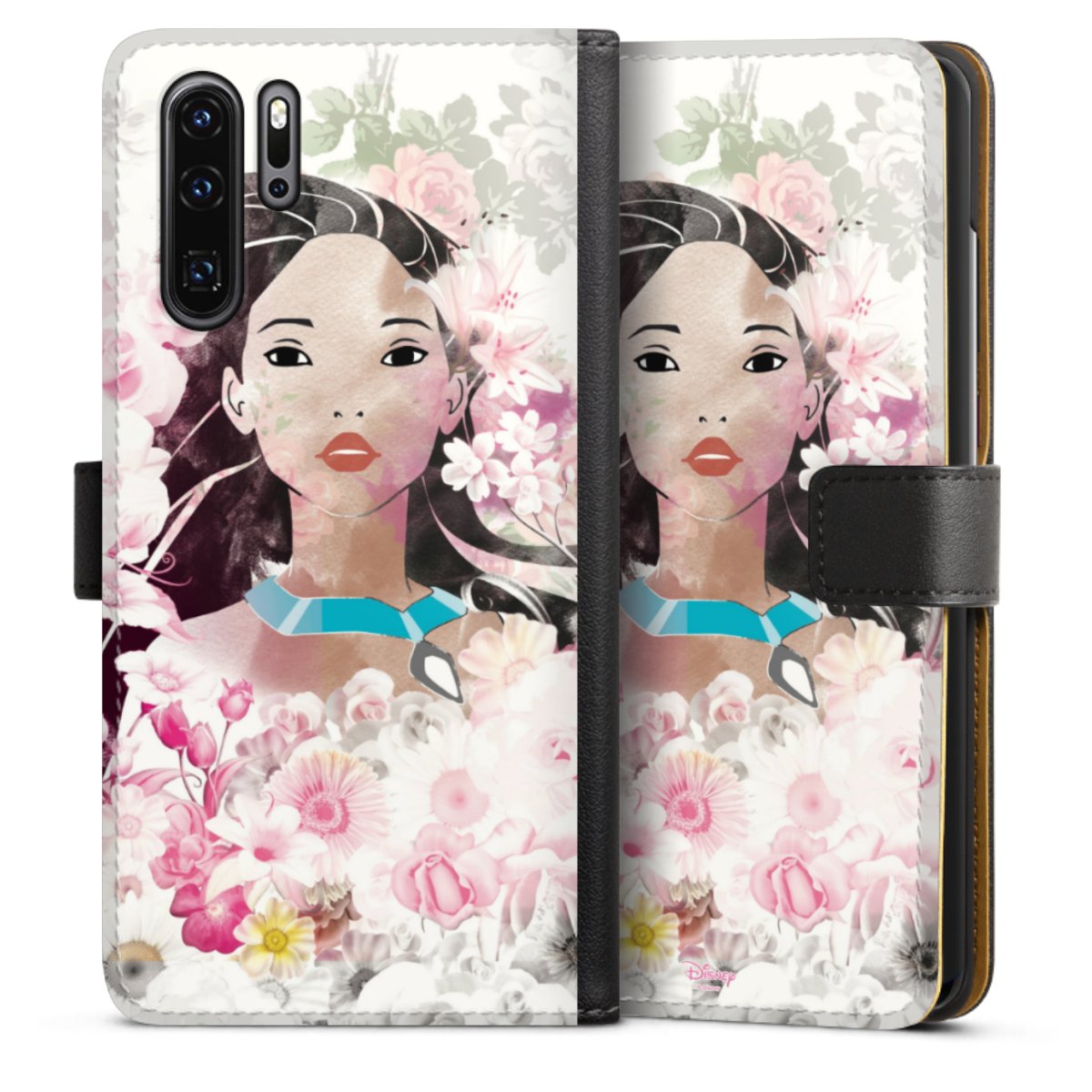 Huawei P30 Pro Handy Klapphülle Handyhülle aus Kunst Leder schwarz Flip Case Pocahontas Official Licensed Product Disney Sideflip mit Lasche