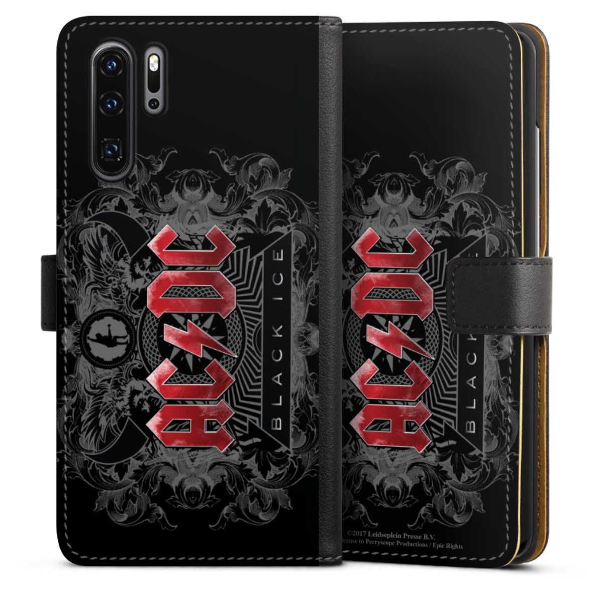 Huawei P30 Pro Handy Klapphülle Handyhülle aus Kunst Leder schwarz Flip Case Merchandise Black Ice Acdc Sideflip mit Lasche