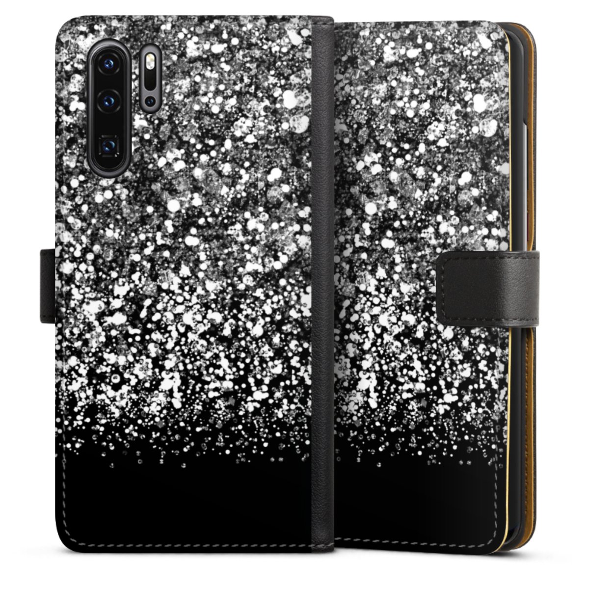 Huawei P30 Pro Handy Klapphülle Handyhülle aus Kunst Leder schwarz Flip Case Glitzer Snowflake Muster Sideflip mit Lasche