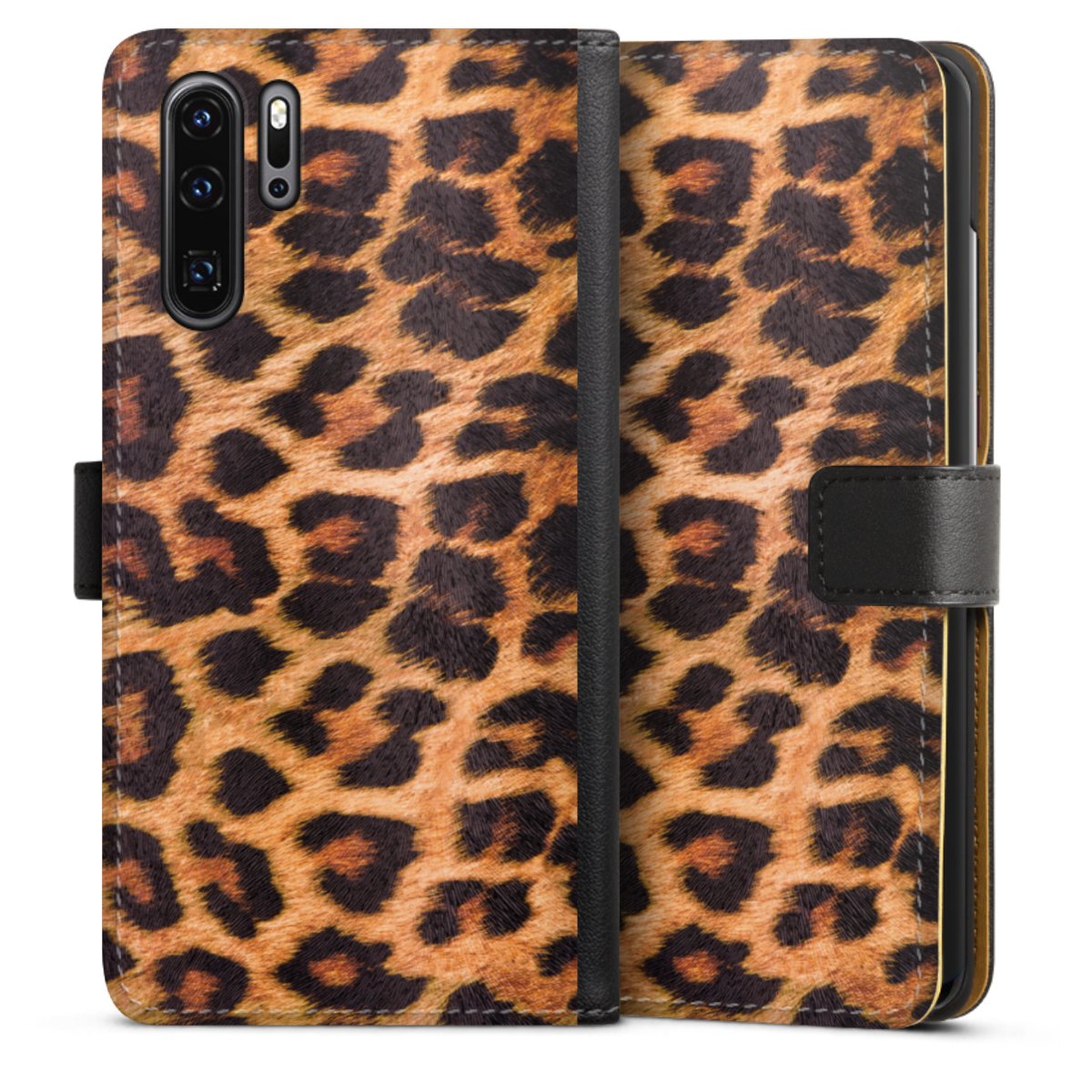 Huawei P30 Pro Handy Klapphülle Handyhülle aus Kunst Leder schwarz Flip Case Animal Print Leopard Fur Sideflip mit Lasche