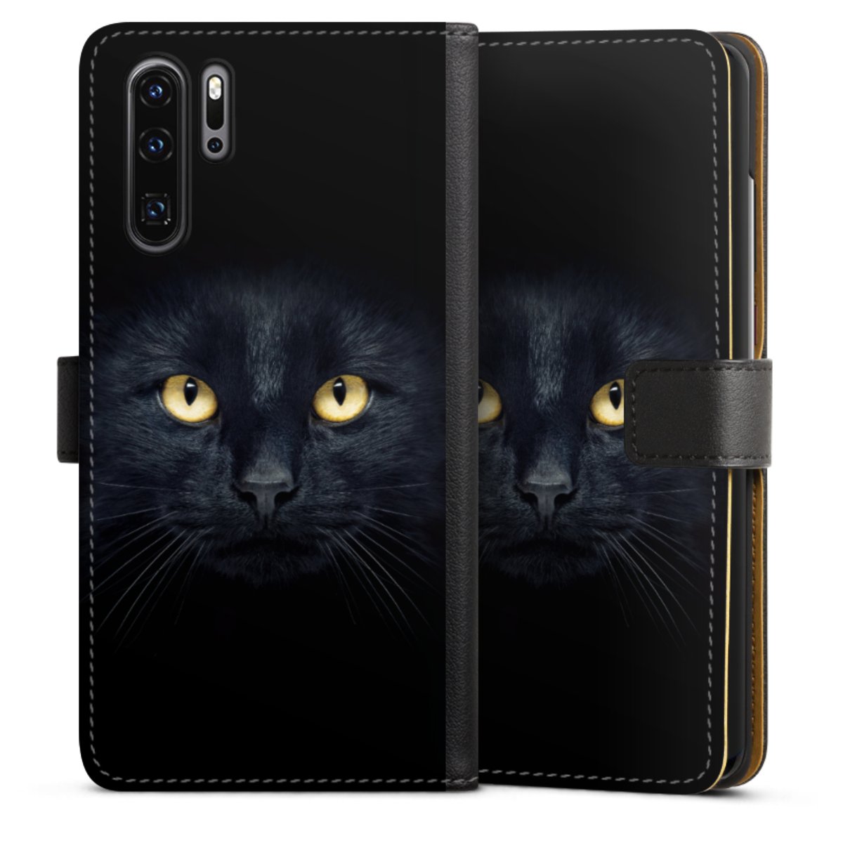 Huawei P30 Pro Handy Klapphülle Handyhülle aus Kunst Leder schwarz Flip Case Eye Cat Black Sideflip mit Lasche