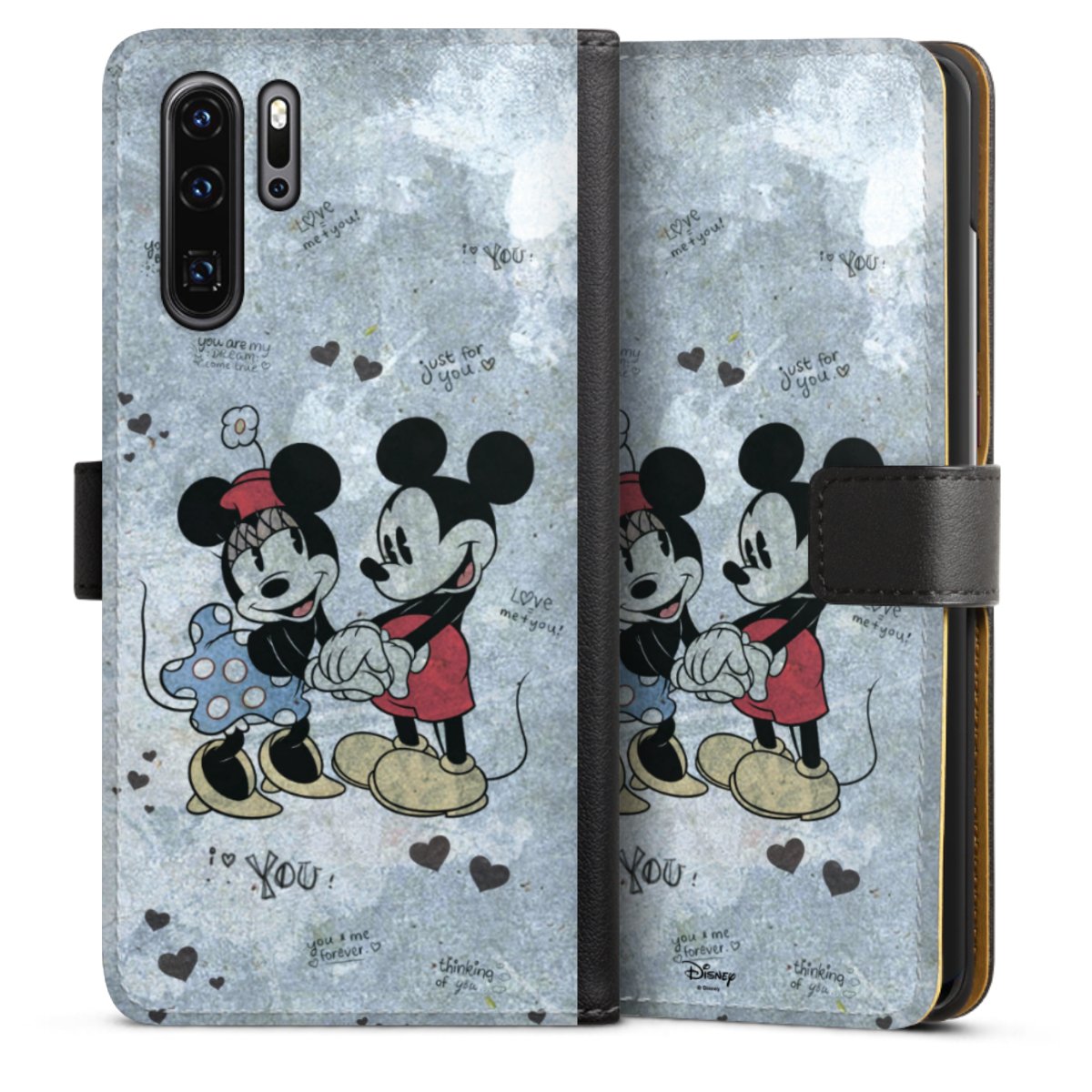 Huawei P30 Pro Handy Klapphülle Handyhülle aus Kunst Leder schwarz Flip Case Mickey & Minnie Mouse Vintage Disney Sideflip mit Lasche