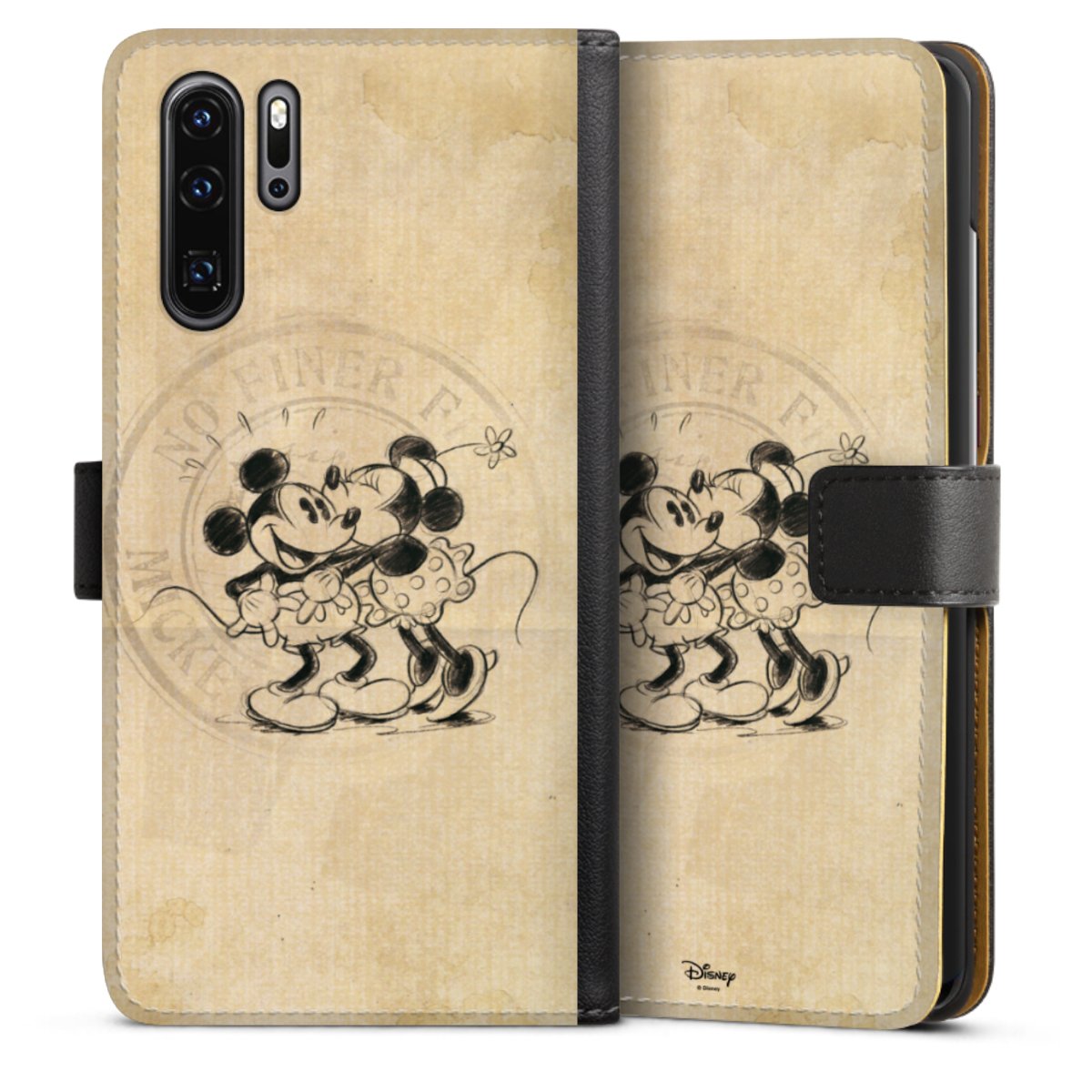 Huawei P30 Pro Handy Klapphülle Handyhülle aus Kunst Leder schwarz Flip Case Mickey Mouse Vintage Minnie Mouse Sideflip mit Lasche