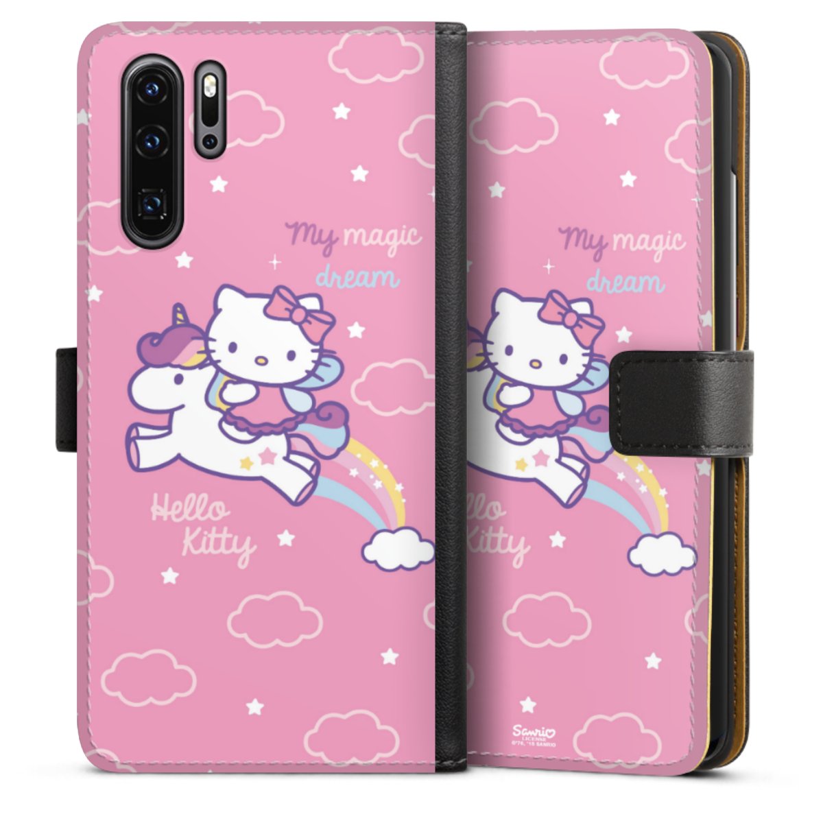 Huawei P30 Pro Handy Klapphülle Handyhülle aus Kunst Leder schwarz Flip Case Einhorn Official Licensed Product Hello Kitty Sideflip mit Lasche