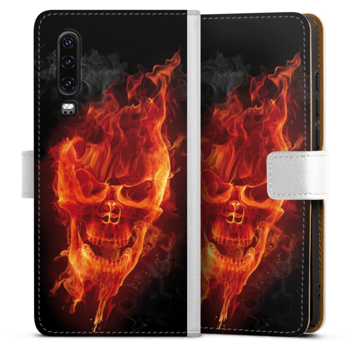 Huawei P30 Handy Klapphülle Handyhülle aus Kunst Leder weiß Flip Case Totenkopf Skull Fire Sideflip mit Lasche