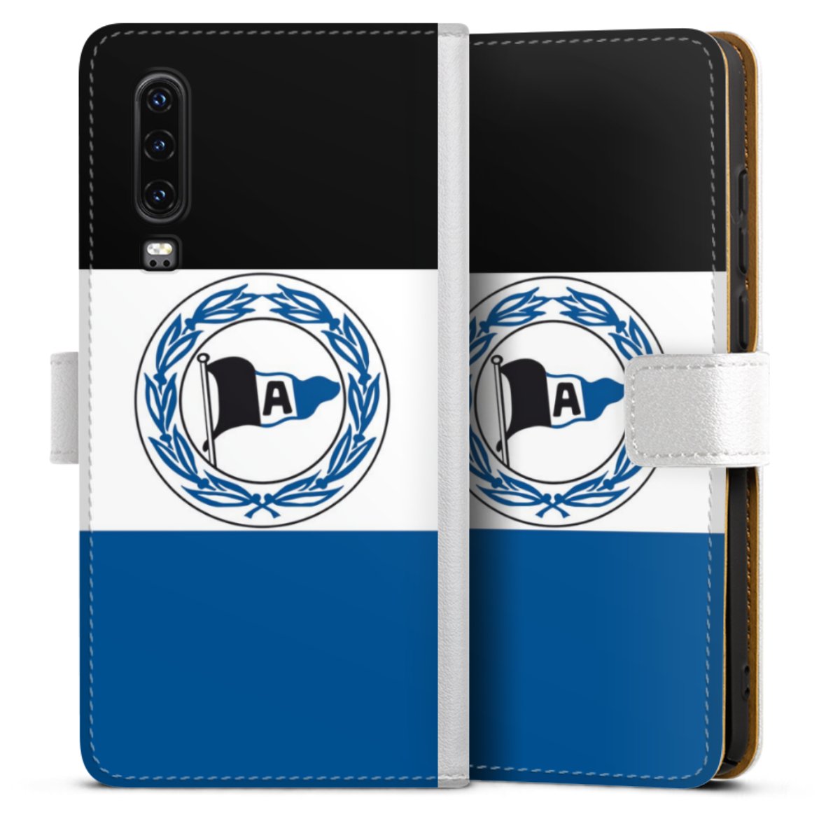 Huawei P30 Handy Klapphülle Handyhülle aus Kunst Leder weiß Flip Case Arminen Official Licensed Product Arminia Bielefeld Sideflip mit Lasche