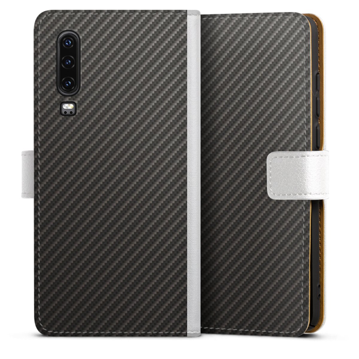 Huawei P30 Handy Klapphülle Handyhülle aus Kunst Leder weiß Flip Case Metallic Look Carbon Muster Sideflip mit Lasche